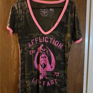 Affliction Women's Camouflage and Pink V-Neck Top